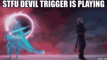 a man is standing in front of a devil trigger in a video game .