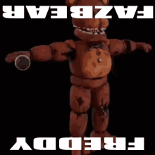 fazbear freddy is standing in the dark with his arms outstretched on a black background