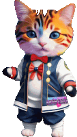 a cat with blue eyes and a bow tie is wearing a blue jacket and white shirt