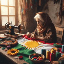 an elderly woman is sewing a kurdish flag