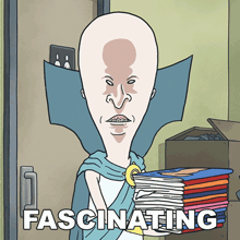 a cartoon of a bald man holding a stack of cds with the word fascinating below him