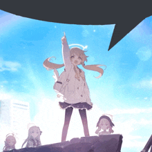 a girl with a backpack is standing on a rock with her hand up in the air