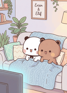 two bears are sitting on a couch with a sign that says ersin and elif