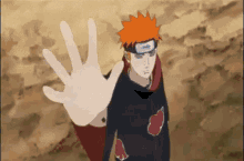 pain from naruto is making a stop sign with his hand in the sand .