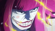 a close up of a cartoon character with pink hair and yellow lightning