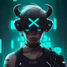 a woman with horns is wearing a virtual reality headset with a cross on it