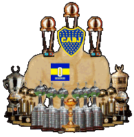 a drawing of a man with a cabj logo on his back surrounded by trophies