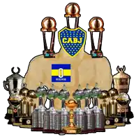 a drawing of a man with a cabj logo on his back surrounded by trophies