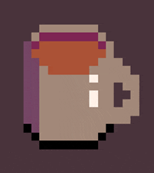 a pixel art drawing of a coffee cup with a purple stripe on it