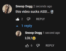 snoop dogg 2 seconds ago this video sucks ass reply snoop dogg 1 second ago lol reply