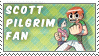 a scott pilgrim fan stamp with a cartoon of a man holding a gun .