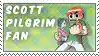 a scott pilgrim fan stamp with a cartoon of a man holding a gun .