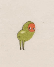 a drawing of a green object with a red face and legs