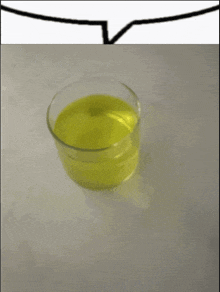 a glass filled with yellow liquid sits on a white surface