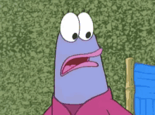 a cartoon character from spongebob squarepants is wearing a pink shirt and making a surprised face .