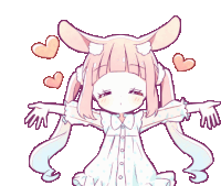 a girl with bunny ears is hugging herself with her arms outstretched and surrounded by hearts .