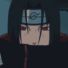 a close up of a naruto character with red eyes and a headband