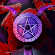 a purple coin with a pentagram and the letters x and y on it