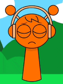 a cartoon character is wearing headphones and looking sad .