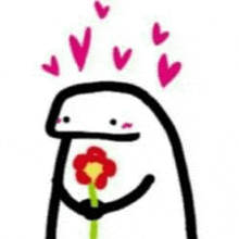 a stick figure is holding a flower with hearts coming out of its head .