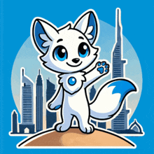 a cartoon illustration of a white fox with blue eyes standing in front of a city skyline