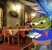 a frog is holding a pizza and a drink in front of a restaurant called brandio