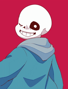 a drawing of a skeleton wearing a blue jacket and smiling