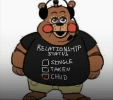 a cartoon bear wearing headphones and a relationship status shirt