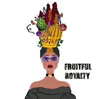 a woman wearing a crown of fruits and flowers on her head