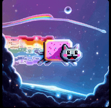 a pixel art of a cat flying through space with a rainbow in the background