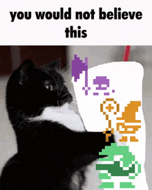 a black and white cat holding a cup that says you would not believe this on it