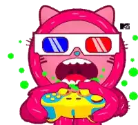 a cartoon cat wearing 3d glasses and holding a game controller