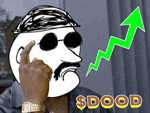 a drawing of a man with a mustache and sunglasses with a green arrow and the words $ dood