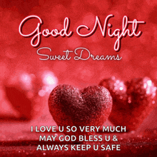 a good night sweet dreams message with a red heart in the foreground