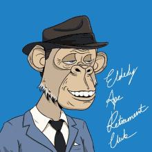 elderly ape retirement club is written on the blue background of this cartoon