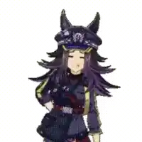 a girl with long purple hair is wearing a police uniform and a horse hat .