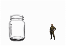 a man in a military uniform is standing inside of a mason jar