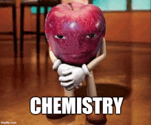 a cartoon apple with arms and legs is sitting on the floor with the word chemistry written on it .