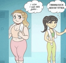 a cartoon of two girls in a locker room with one saying i wish i had her body