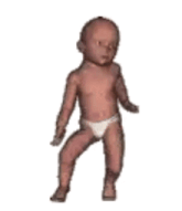 a baby in a diaper is standing on one leg .
