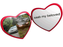 two heart shaped mirrors one of which says saab my beloved on it