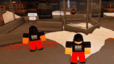 two roblox characters are standing in front of a sign that says omicron on it