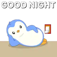 a cartoon of a penguin laying on the floor with the words good night above it