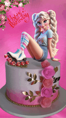 a girl on roller skates sits on top of a birthday cake that says happy birthday