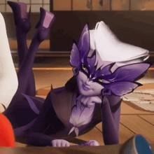 a woman in a purple and white outfit is laying on the floor