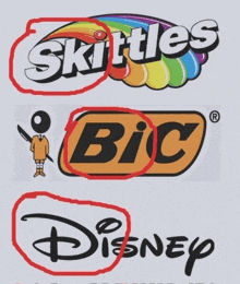 skittles bic and disney logos with red circles