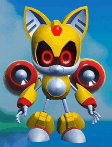 sonic the hedgehog is a yellow robot with red eyes and red wings standing in front of a blue sky .