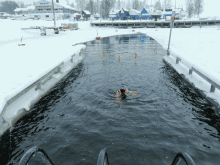 a person is swimming in a body of water in the winter