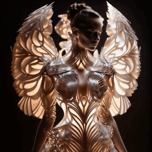 a woman is wearing a very fancy dress with wings