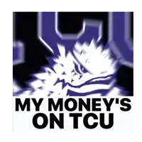 a tcu logo with the words " my money 's on tcu "